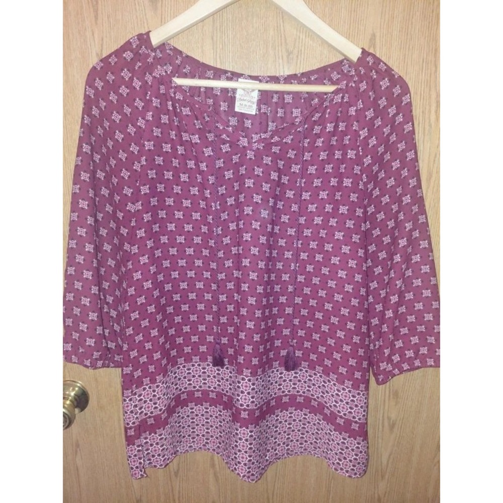 Faded Glory Womens Berry Purple Medallion Print Tassel Tie Peasant Top Size M